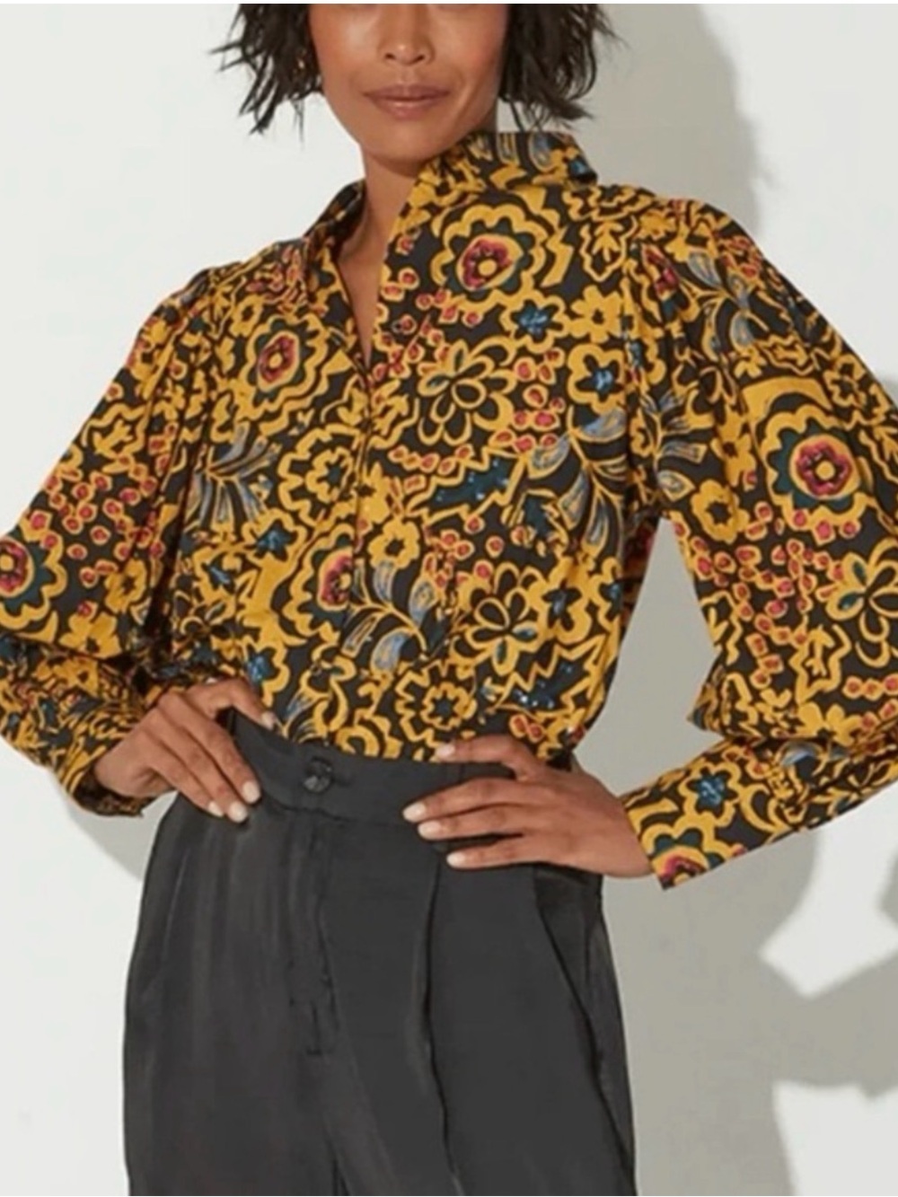 Cleobella Yellow Floral-Print Long Sleeve Button-Down Shirt